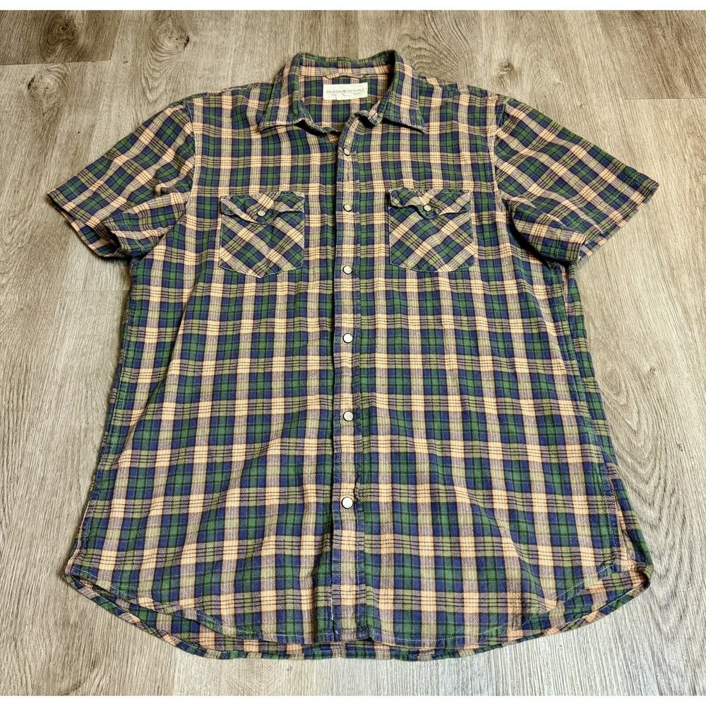 Denim & Supply Ralph Lauren Plaid Short Sleeve Button Up Shirt Pearl Snap Large